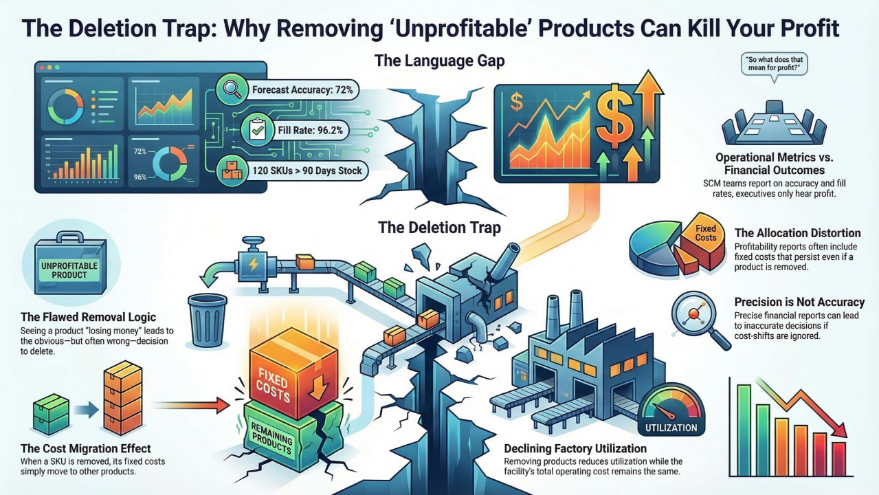 The Deletion Trap. SCM speaks in metrics. The boardroom hears profit.
